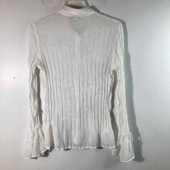 Womens Vintage Notations Crinkle Bow Bead Button Shirt Bell Sleeve M White - Picture 2 of 9